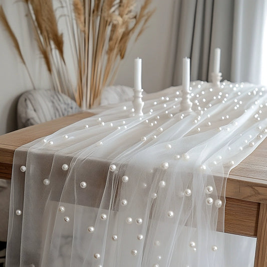 Pearl-Dotted Tulle Table Runner for Weddings