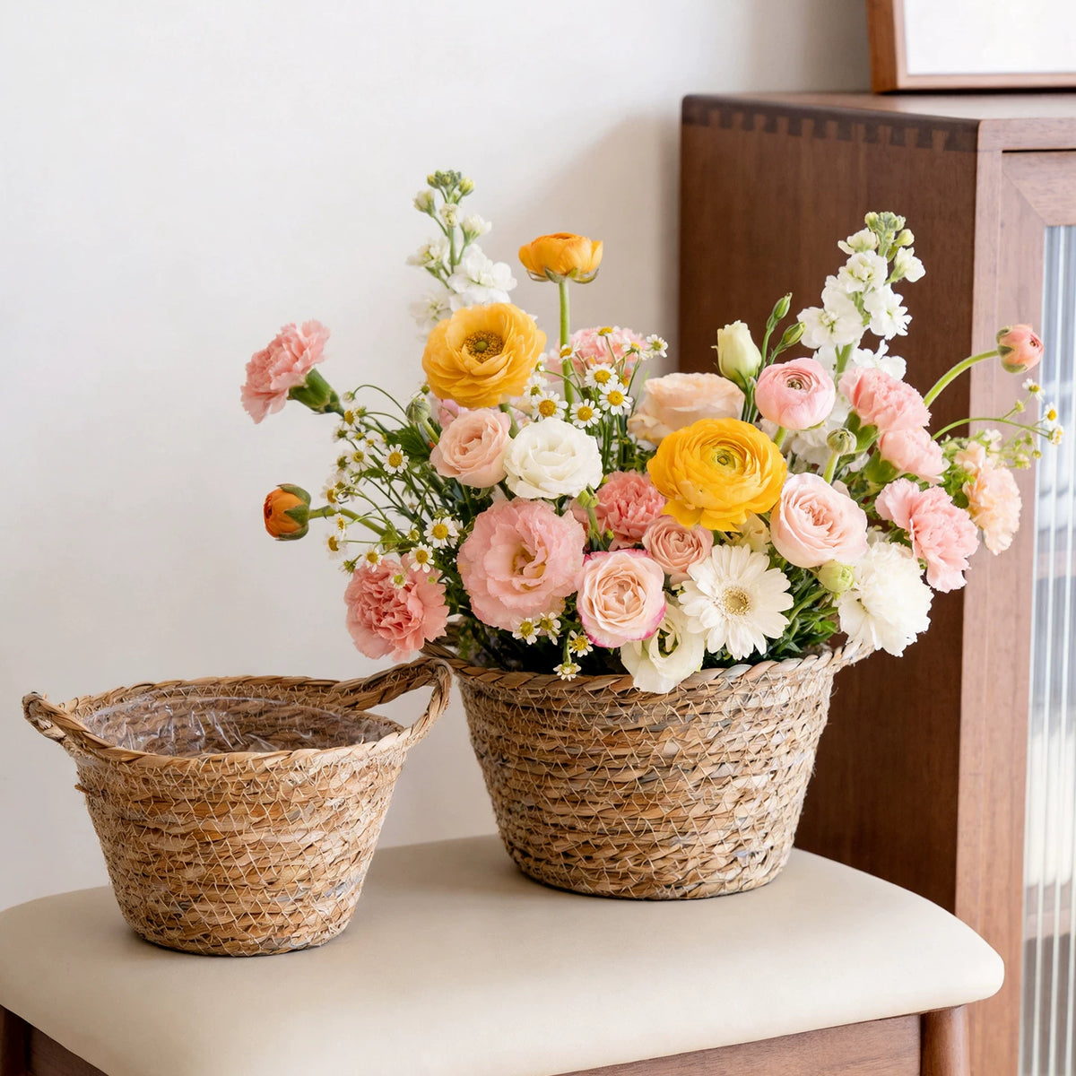 Round Woven Seagrass Flower Basket Set of 3