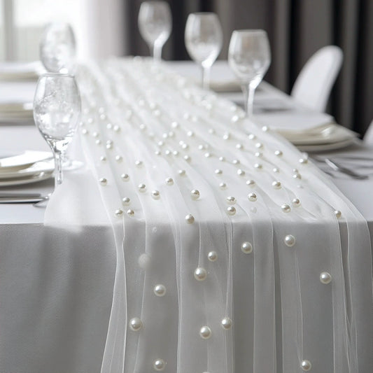 Pearl-Dotted Tulle Table Runner for Weddings