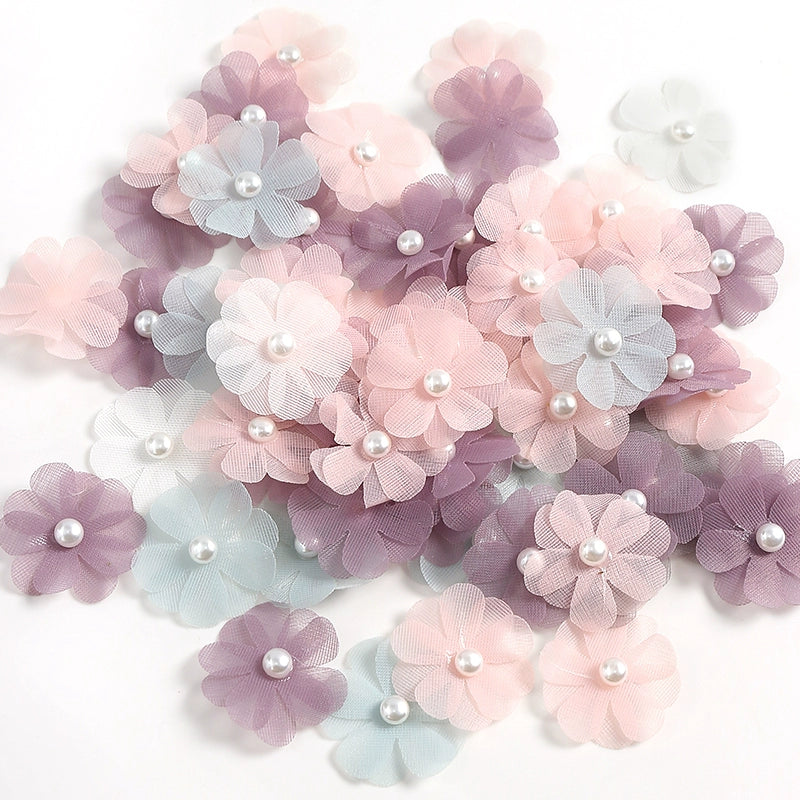 3.5cm Tulle Fabric Flower Heads with Pearls Pack 100