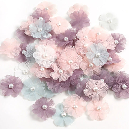 3.5cm Tulle Fabric Flower Heads with Pearls Pack 100