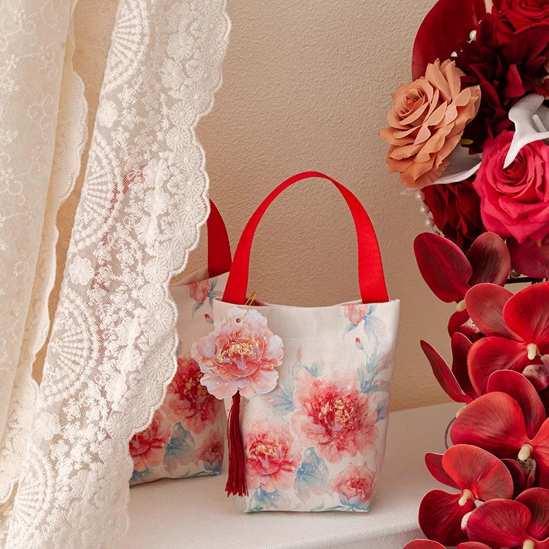 Vintage Peony Flower Party Favor Gift Bags Pack 10