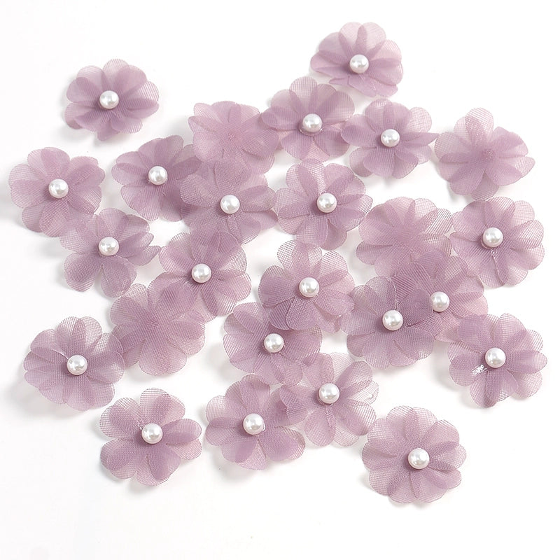 3.5cm Tulle Fabric Flower Heads with Pearls Pack 100