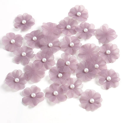 3.5cm Tulle Fabric Flower Heads with Pearls Pack 100