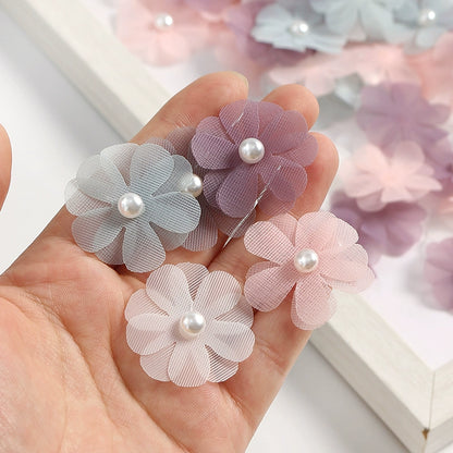 3.5cm Tulle Fabric Flower Heads with Pearls Pack 100