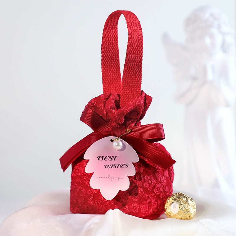 Floral Drawstring Gift Bag with Pearl Pendant Pack 10