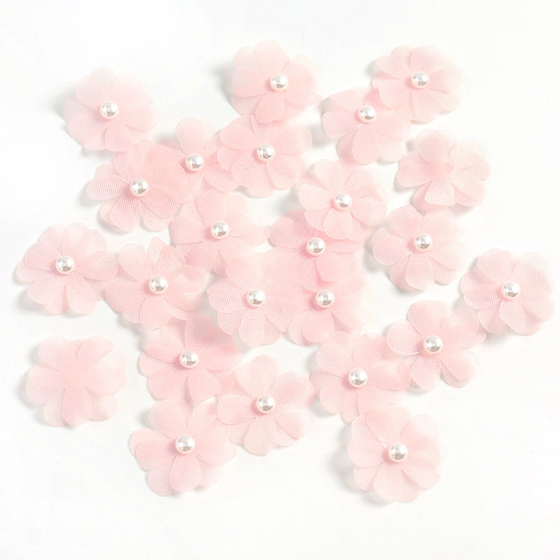 3.5cm Tulle Fabric Flower Heads with Pearls Pack 100