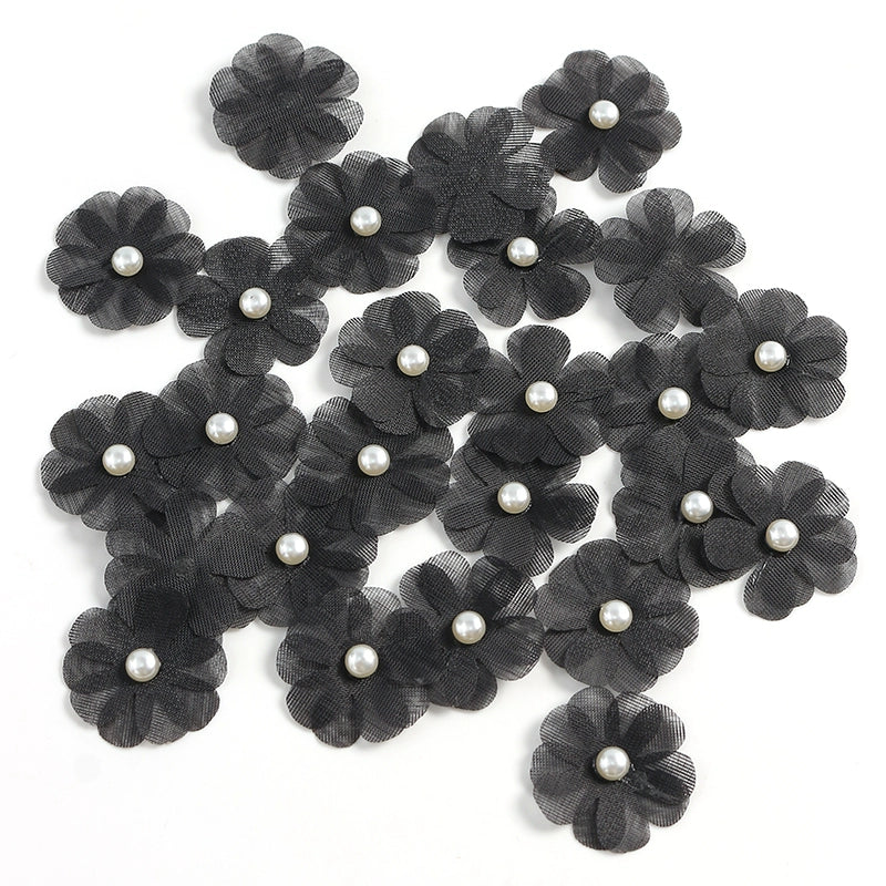 3.5cm Tulle Fabric Flower Heads with Pearls Pack 100