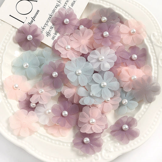 3.5cm Tulle Fabric Flower Heads with Pearls Pack 100