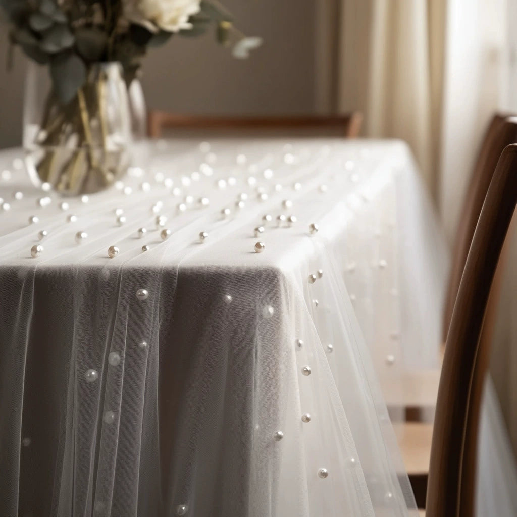 Pearl-Dotted Tulle Table Runner for Weddings