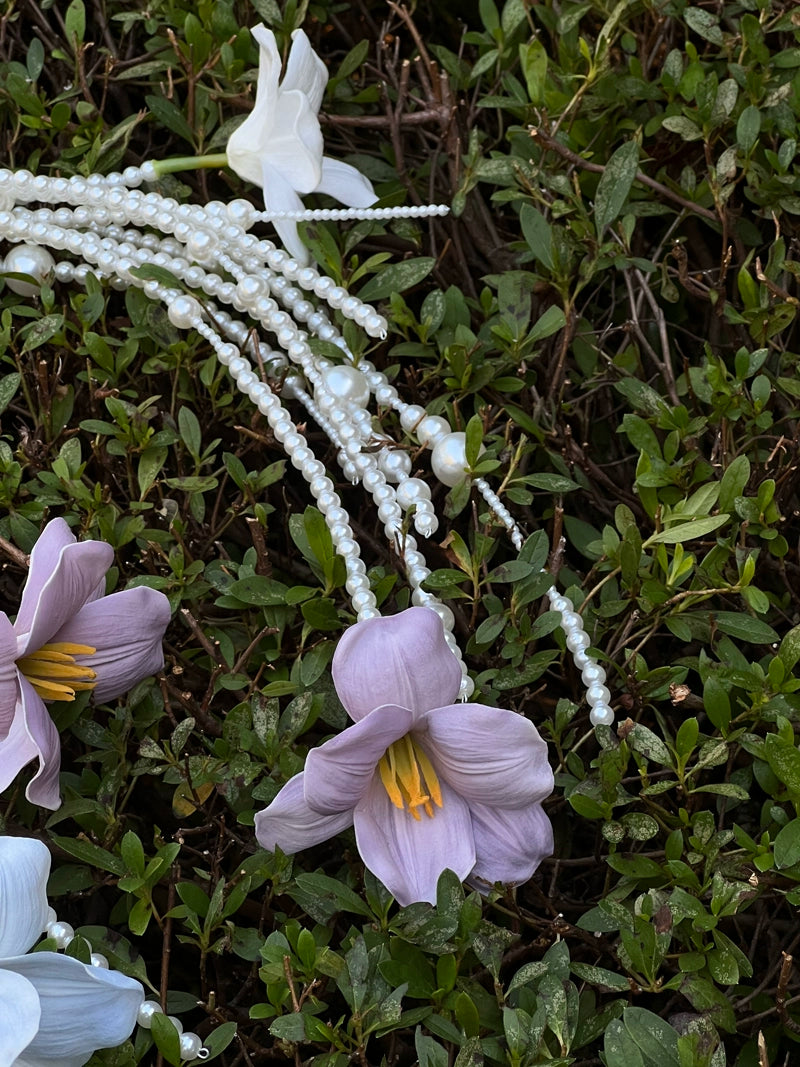 Unique Tulip Pearl Waterfall Wedding Bouquet