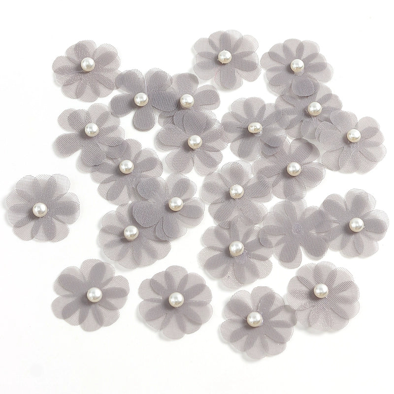 3.5cm Tulle Fabric Flower Heads with Pearls Pack 100