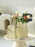 Load image into Gallery viewer, White Cream Crinkle Paper Bag Ceramic Vase