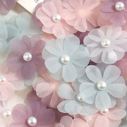 3.5cm Tulle Fabric Flower Heads with Pearls Pack 100