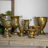 Load image into Gallery viewer, Antique Gold Metal Urn Planter Trumpet Vase