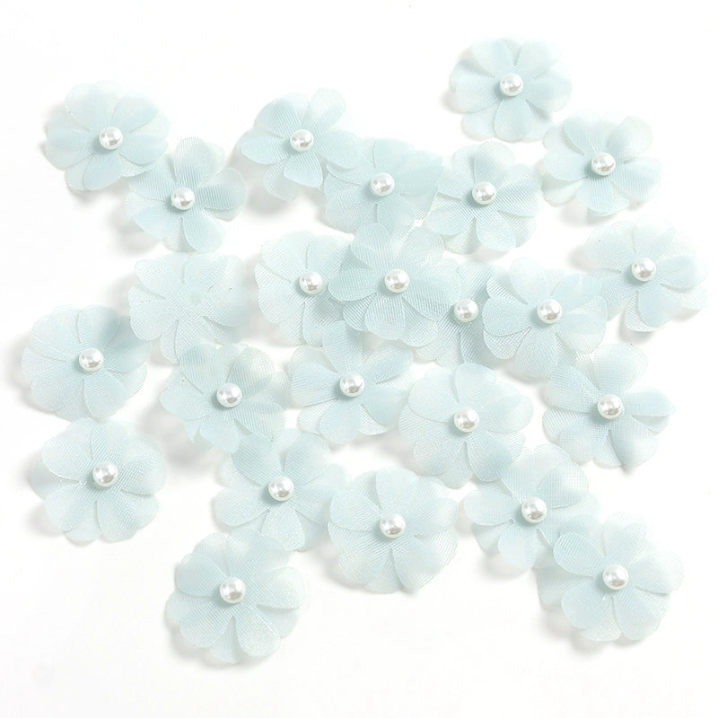3.5cm Tulle Fabric Flower Heads with Pearls Pack 100