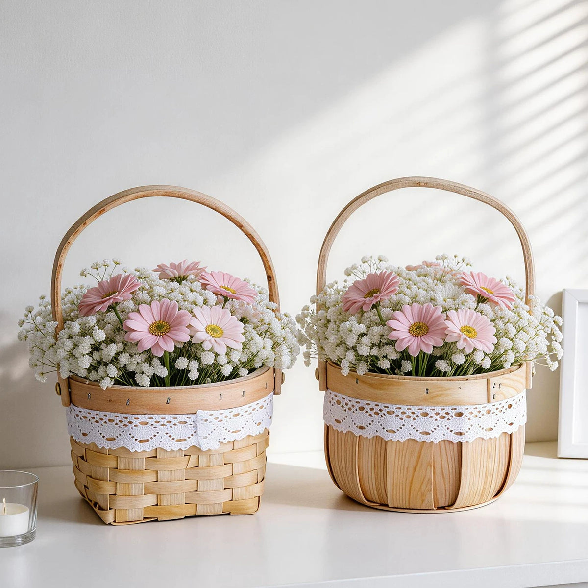 Mini Wood-Chip Flower Basket with Lace Trim