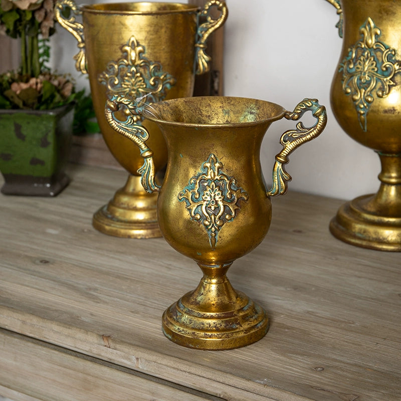 Antique Gold Metal Urn Planter Trumpet Vase