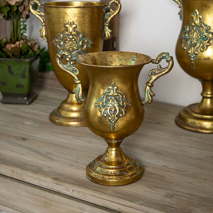 Antique Gold Metal Urn Planter Trumpet Vase