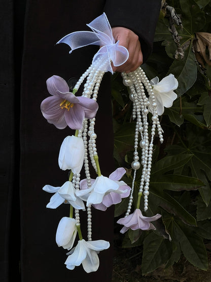 Unique Tulip Pearl Waterfall Wedding Bouquet