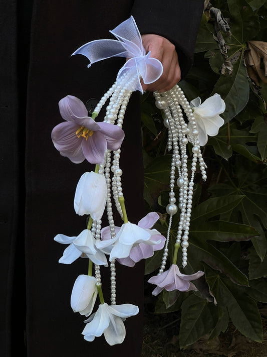 Unique Tulip Pearl Waterfall Wedding Bouquet