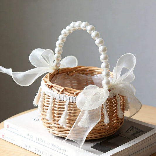 Round Wicker Basket with Pearl Handle Tassel