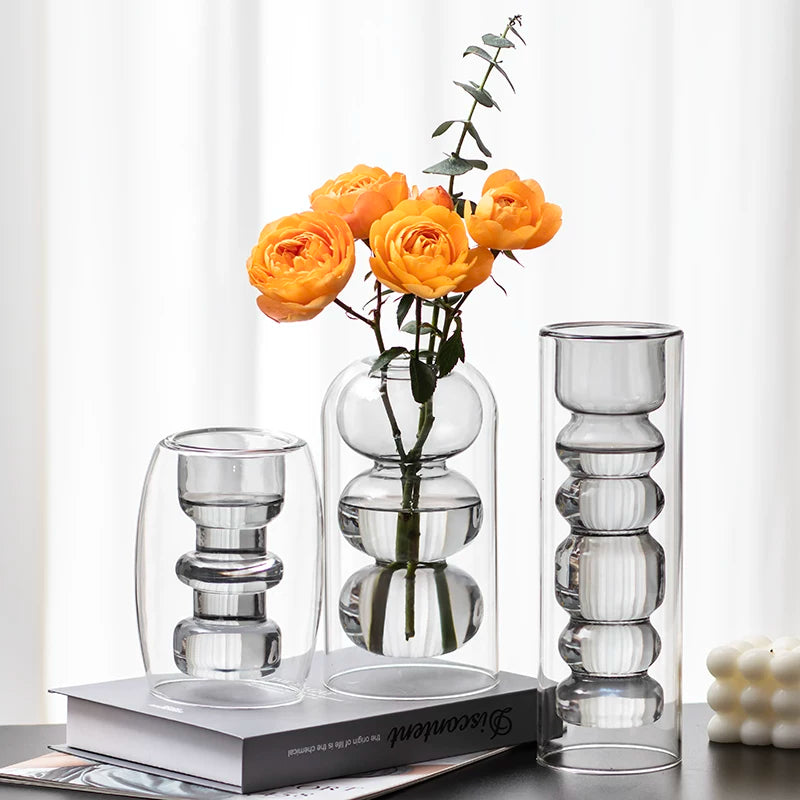 Geometric Smoke Grey Double-Walled Glass Vase