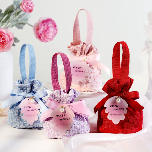 Floral Drawstring Gift Bag with Pearl Pendant Pack 10
