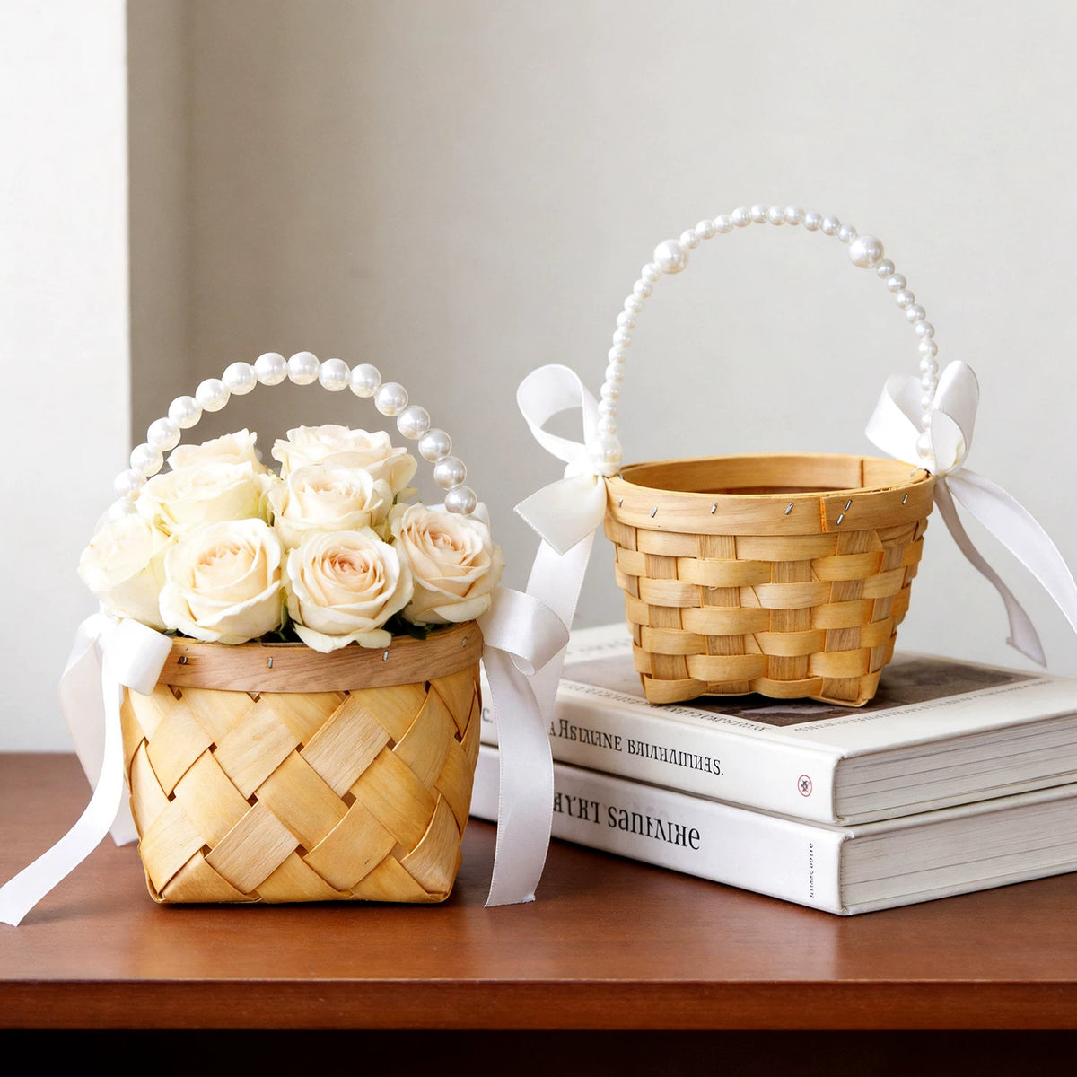 Wood-Chip Flower Basket with Pearl Handle