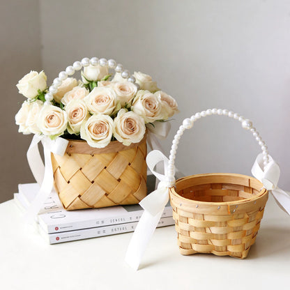 Wood-Chip Flower Basket with Pearl Handle
