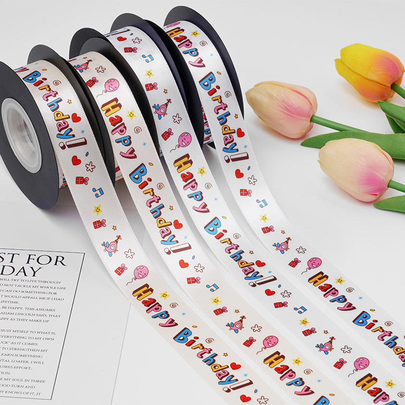Happy Birthday White Satin Ribbon (25mmx20Yd)