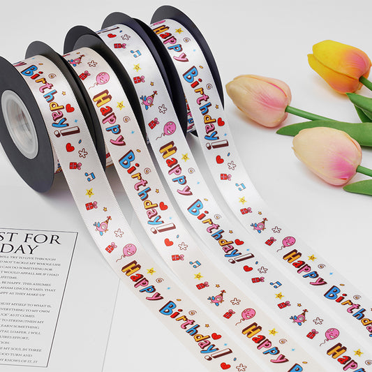 Happy Birthday White Satin Ribbon (25mmx20Yd)