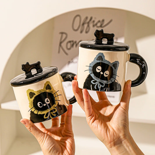 Mug à café en céramique avec couvercle motif chat