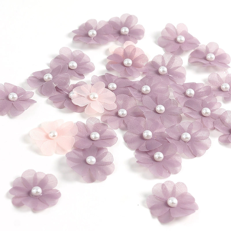 3.5cm Tulle Fabric Flower Heads with Pearls Pack 100