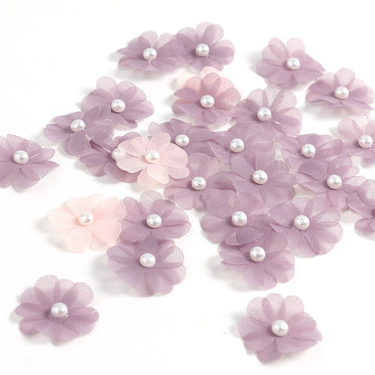 3.5cm Tulle Fabric Flower Heads with Pearls Pack 100