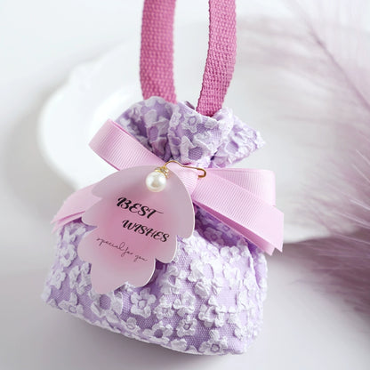 Floral Drawstring Gift Bag with Pearl Pendant Pack 10