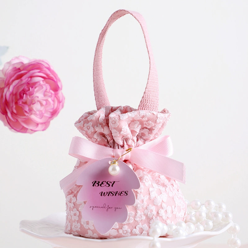 Floral Drawstring Gift Bag with Pearl Pendant Pack 10