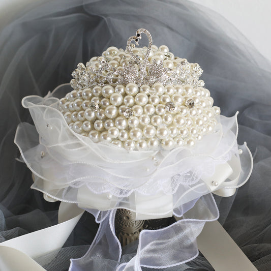 Luxury Pearl Wedding Bouquet with Swan Tiara