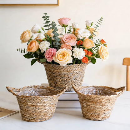 Round Woven Seagrass Flower Basket Set of 3