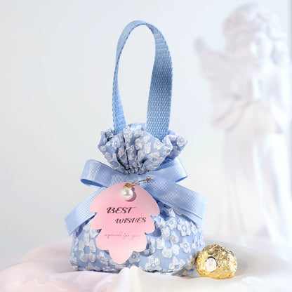 Floral Drawstring Gift Bag with Pearl Pendant Pack 10