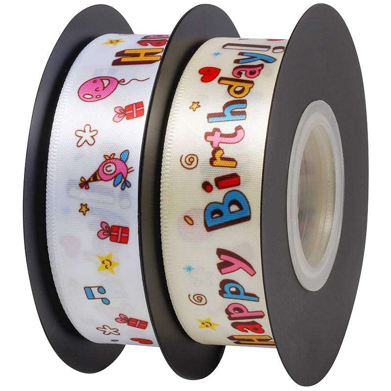 Happy Birthday White Satin Ribbon (25mmx20Yd)