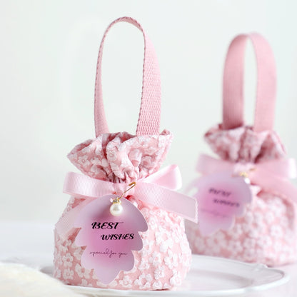 Floral Drawstring Gift Bag with Pearl Pendant Pack 10