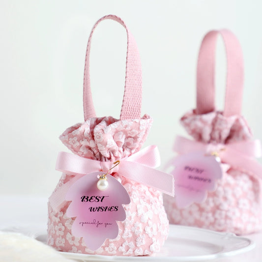 Floral Drawstring Gift Bag with Pearl Pendant Pack 10
