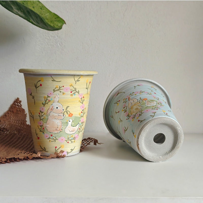 Whimsical Bunny & Duckling Ceramic Planter