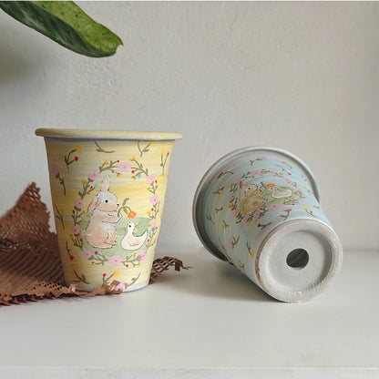 Whimsical Bunny & Duckling Ceramic Planter