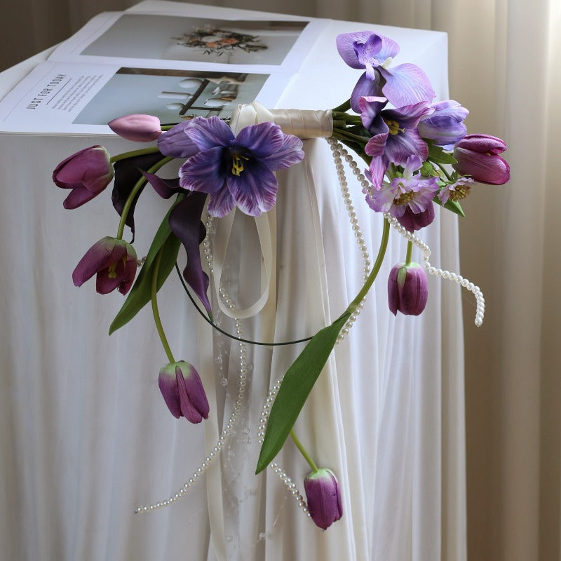 Purple Tulip Horizontal Hand-Tied Bridal Bouquet