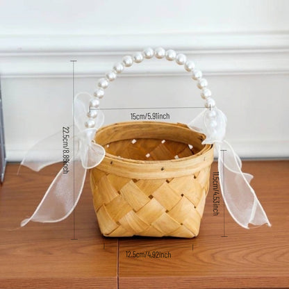 Wood-Chip Flower Basket with Pearl Handle