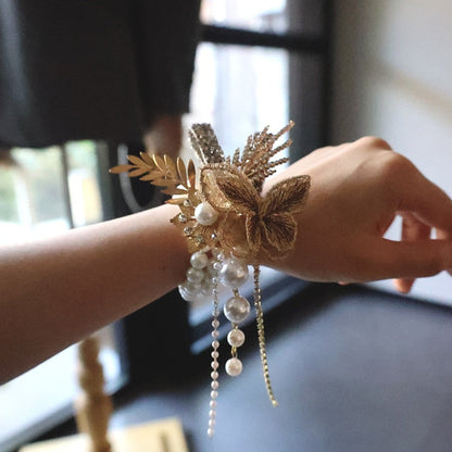 Champagne Gold Pearl Wrist Corsage Bracelet