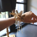 Load image into Gallery viewer, Champagne Gold Pearl Wrist Corsage Bracelet