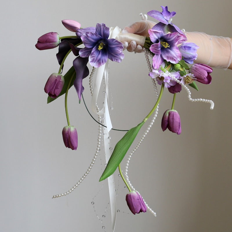Purple Tulip Horizontal Hand-Tied Bridal Bouquet